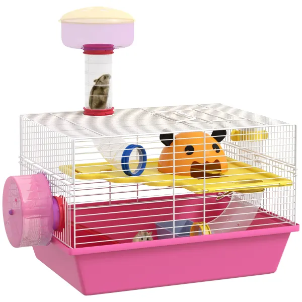PawHut Cușcă pentru hamster șoarece rozătoare multicoloră cu platformă, biberon apă, roată, casă, 34 x 27 x 25 cm, roz | Aosom Romania