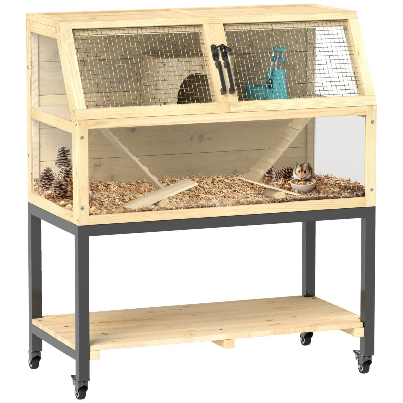 PawHut Cușcă pentru Zwerghamster din lemn cu raft, roți, rampe, sticlă de apă, cuib, vârtejuri, 87 x 43 x 101 cm | Aosom Romania