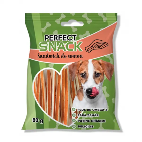 Perfect Snack, recompense delicioase pentru caini,  Sandwich de somon,   80 g