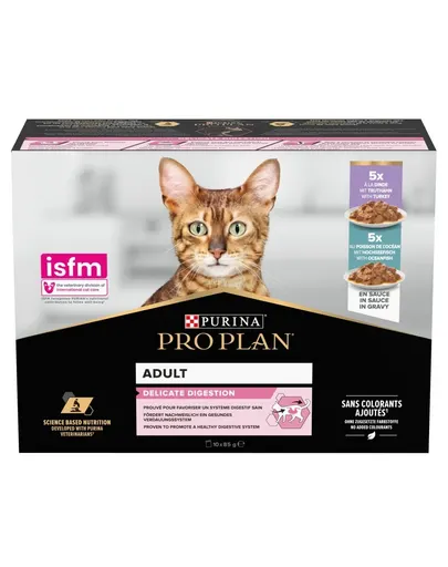 Plicuri pentru pisici PURINA PRO PLAN Delicate Digestion 10x85g cu sistem digestiv sensibil, mix curcan și pește oceanic în sos