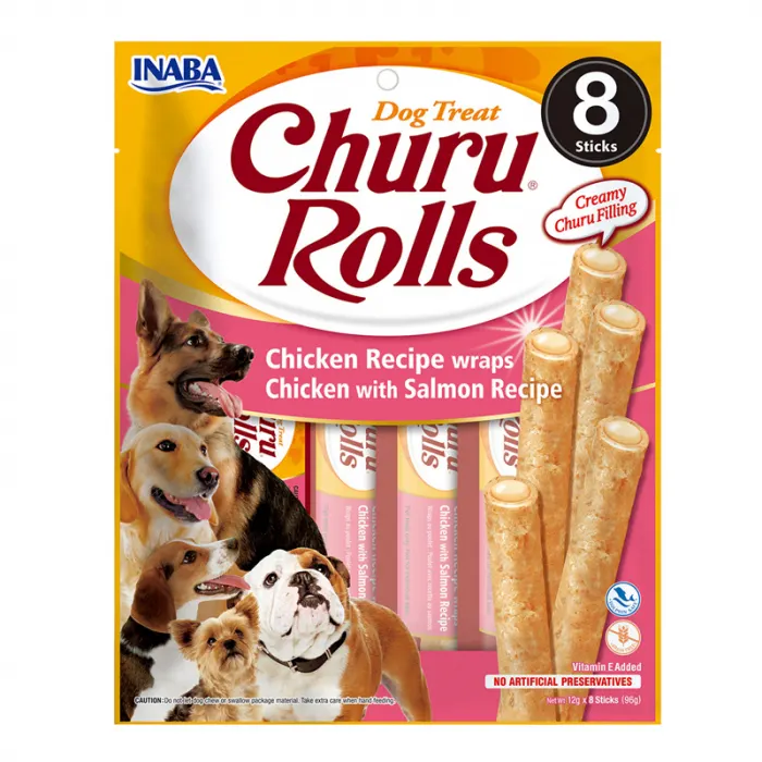 Recompense pentru caini Churu Rolls cu pui  somon 8 buc x 12 gr