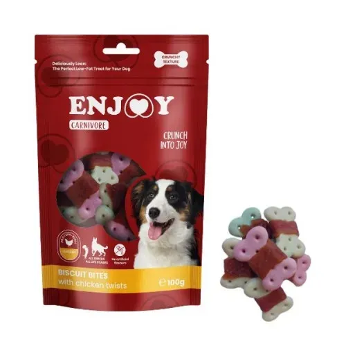 Recompense pentru caini Enjoy Carnivore Biscuit Bites cu pui, 100 g