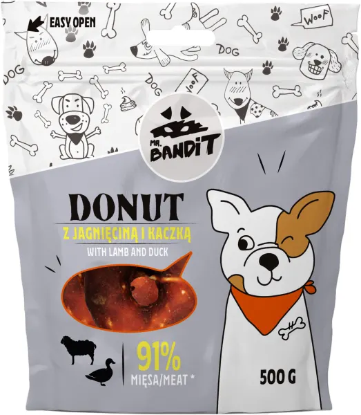 Recompense pentru caini Mr. Bandit Donut, miel si rata, 500g