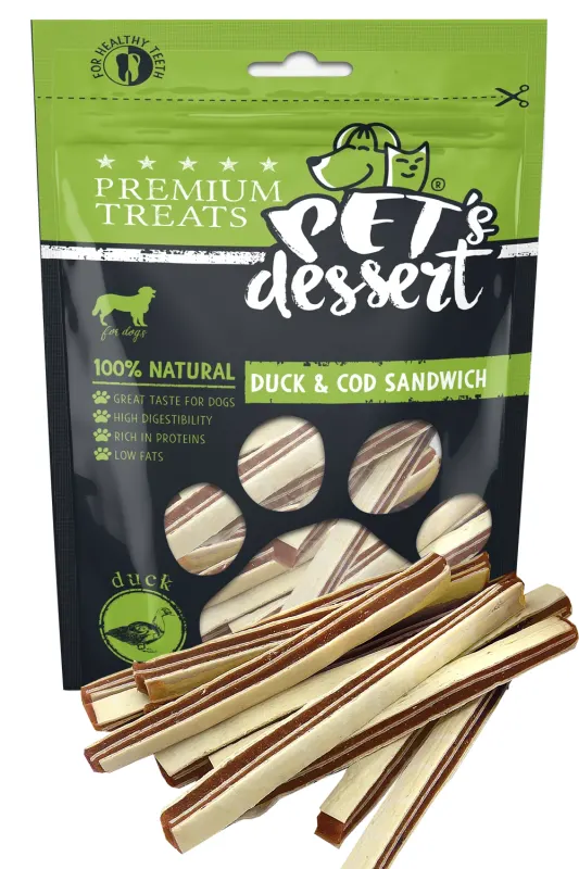 Recompense pentru caini Pet s Desert Duck  Cod Sandwich 80 gr