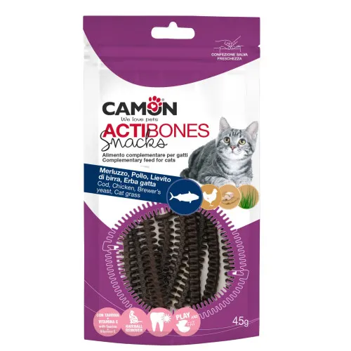 Recompense pentru pisici Camon Actibones Snack cu cod si pui 45 gr