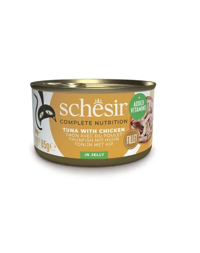 SCHESIR Conserva pentru pisica, Ton cu fileuri de pui in aspic 85 g