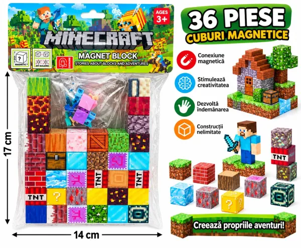 Set 36 Cuburi Magnetice de Construcție, Model Pixelat, cu Figurine și Accesorii, Joc Creativ pentru Copii, 3+ Ani