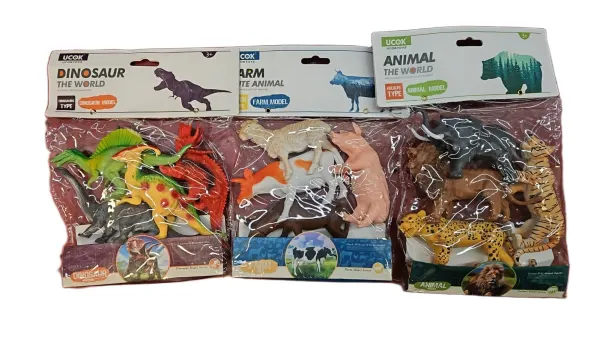 Set animale din plastic Engros, domestice / salbatice / dinozauri, diverse modele, blister 20×20 cm
