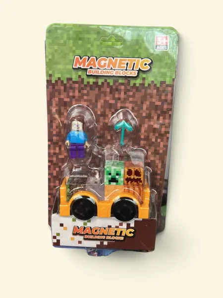 Set magnetic de construcție cu mașinuță, figurină și accesorii, stil pixel game, 3+ ani,En-gros