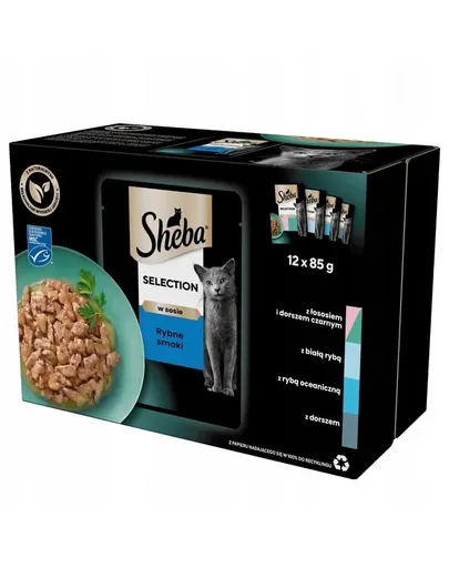 SHEBA Selection plicuri hrana pisica 48x85 g somon si cod, peste alb, peste oceanic, cod in sos