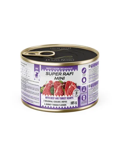 SUPER RAFI Mini cu vită și inimi de curcan 185 g hrană umedă pentru câini de talie mică