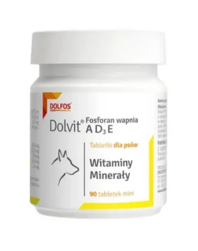 Tablete pentru dezvoltarea oaselor la câini DOLFOS Dolvit 90 tablete cu calciu, fosfor și vitamine AD3E