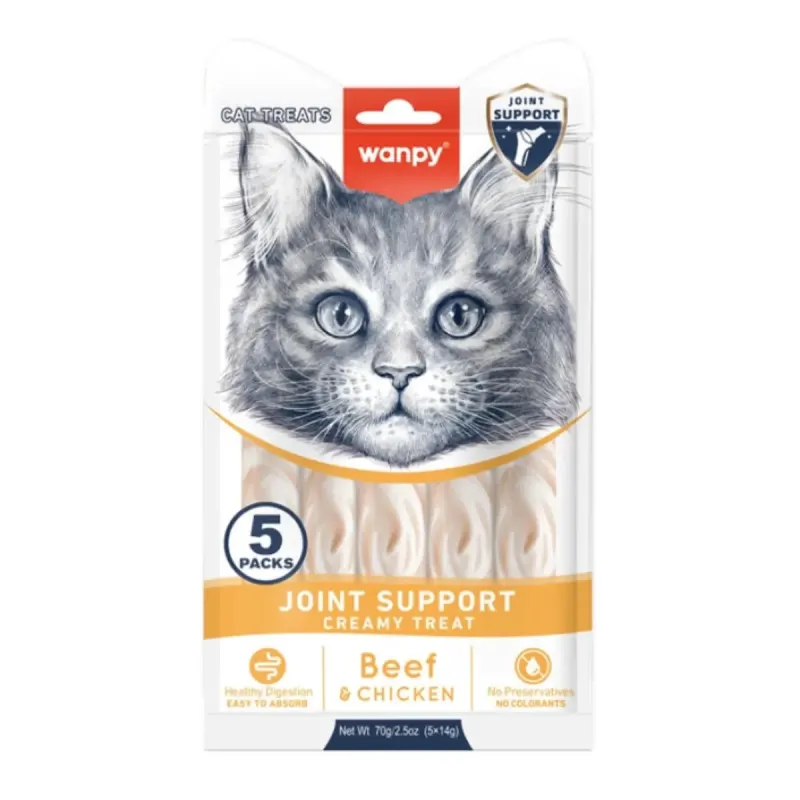 WANPY Joint Support Creamy Treats, Pui și Vită, punguță recompense funcționale pisici, sistem articular, (piure), 70g
