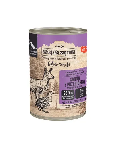 WIEJSKA ZAGRODA Arome din pădure, hrană umedă pentru câini cu carne de căprioară și prepeliță 6x400 g