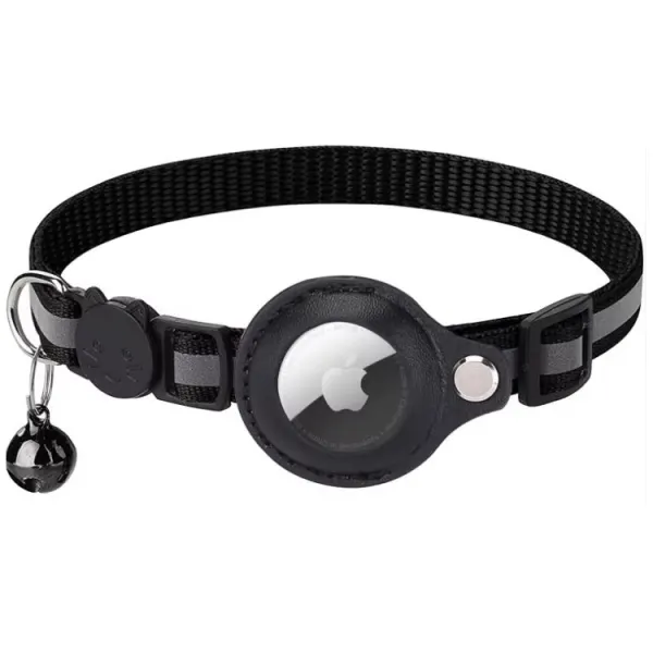 Zgarda animale pentru Airtag, Reflectorizanta, Clopotel, Textil, Negru Engros
