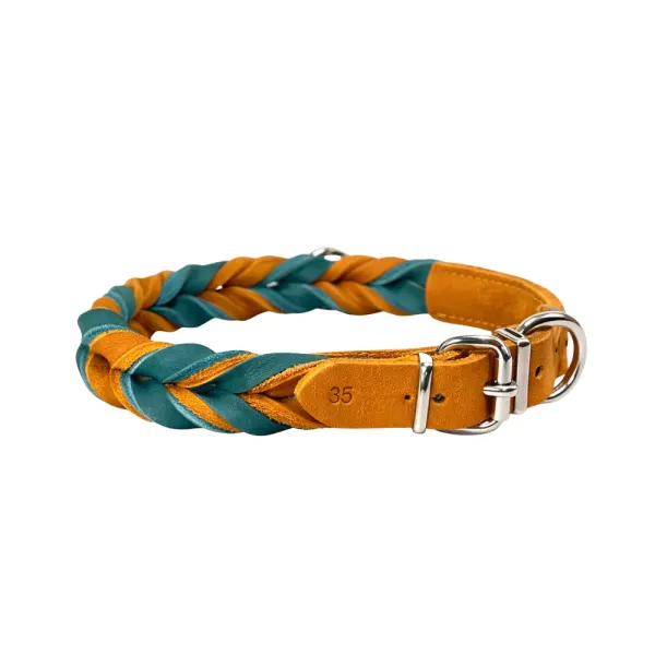 Zgarda din piele BICOLORA - bej/turcoaz - 35 cm - 20 mm