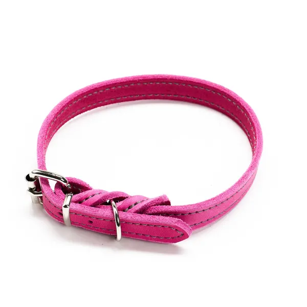Zgarda din piele cu ornament cusut - Roz - 25 cm