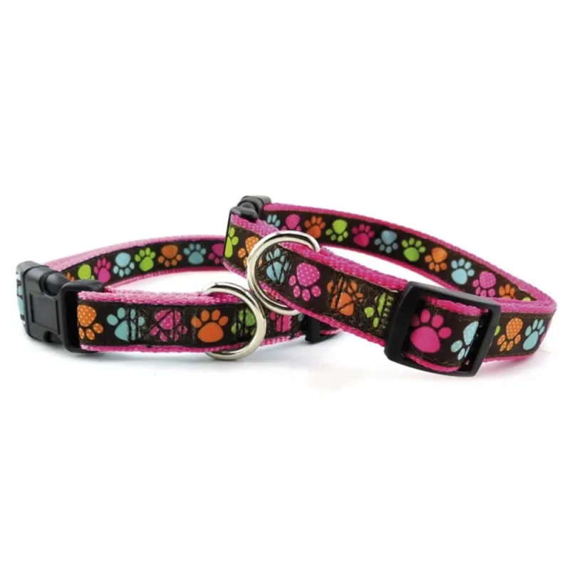 Zgarda textila, roz, personalizata cu labute, 30-45 cm x 16 mm